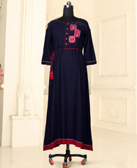 RE - Pleasant Navyblue slub rayon embellish stitch kurti