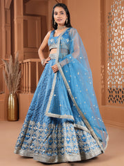 Blue Color Tapeta Silk Silver Zari and Sequins Work Lehenga Choli with Net Dupatta