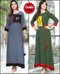 RE - Attractive Grey and Green color rayon print stitched kurti - Pack of 2