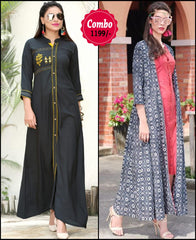 RE - Elegant black and multi color rayon print stitched kurti - Pack of 2
