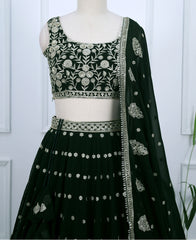 Dark Green Lehenga Choli – Semi-Stitched with Sparkling Sequins Embroidery