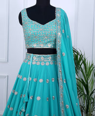 Pacific Blue Lehenga Choli Shimmering Sequins Detailing