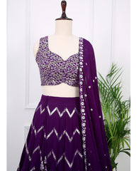 Deep Purple Georgette Lehenga Choli with Glittering Sequins