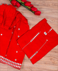 Red Color Rayon Mirror Work Kurti Set
