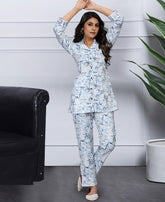 Asthetic White And Blue Color Geometric Printed Co-Ord Set
