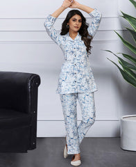 Asthetic White And Blue Color Geometric Printed Co-Ord Set