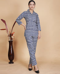 Decorative White And Navy Blue Geometric Printed Co-Ord Set