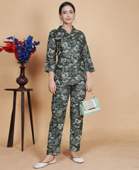 Adorable Green Color Floral Printed Cotton Co-Ord Set