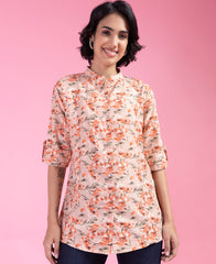 Beautiful Peach Color Floral Printed Shirt Style Top