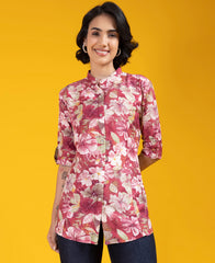 Adorable Pink Color Floral Printed Shirt Style Top