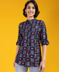 Appealing Dark Blue Color Printed Shirt Style Top