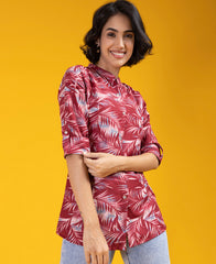 Ravishing Dark Pink Color Leafs Printed Shirt Style Top
