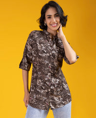 Awesome Brown Color Floral Printed Shirt Style Top