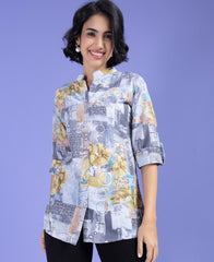 Asthetic Grey Floral Color Printed Shirt Style Top