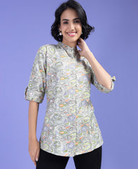 Deightful Light Green Color Floral Printed Shirt Style Top