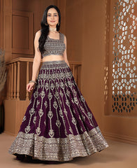 Dark Purple Golden Zari Work Georgette Lehenga Choli