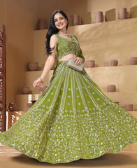 Green Color Georgette Sequins Work Semi-stiched Lehenga Choli