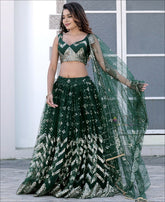 Dark Green Color Soft Net Sequence Work Lehenga choli