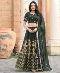 Party Wear Designer Georgette Sequence Work Dark Green Lehenga choli