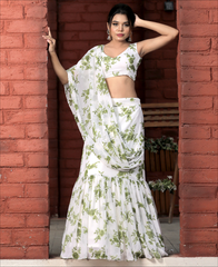 White Color Printed Georgette Lehenga Saree
