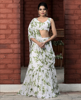White Color Printed Georgette Lehenga Saree