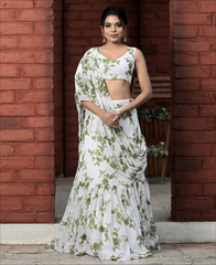 White Color Printed Georgette Lehenga Saree