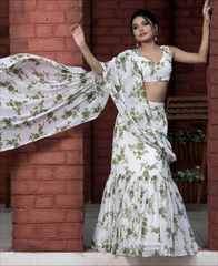 White Color Printed Georgette Lehenga Saree