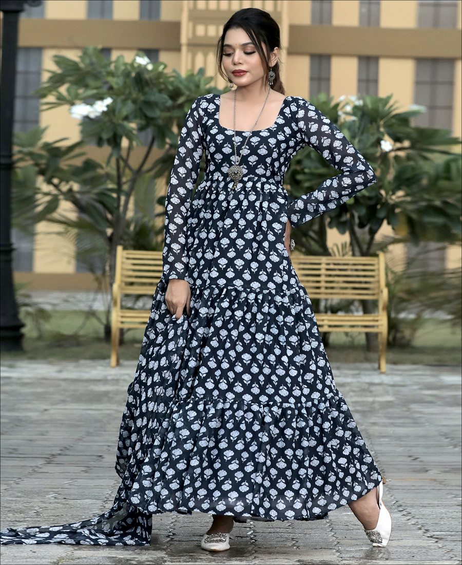 Navy Blue Colored Georgette Anarkali Salwar Suit