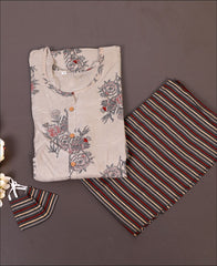 Cotton Beige Block Print Kurti Set with matching face Mask