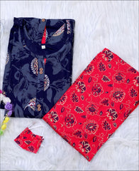 Cotton Block Print Blue Kurti Set with matching face Mask