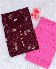 Cotton Wine Printed Kurti Set