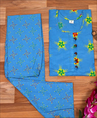 Cotton Block Print Aqua Blue Kurti Set