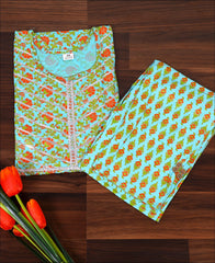Cotton Block Print Sky Blue Kurti Set