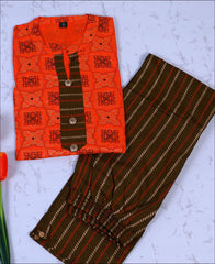Orange Block Print Work Kurti Set