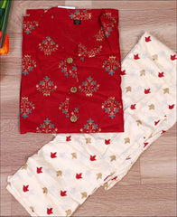 Block Print Red Cotton Kurti Set
