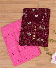 Cotton Wine Block Print Kurti Set