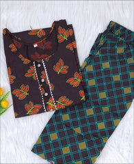 Gota Patti Coffee Brown Printed Kurti Set