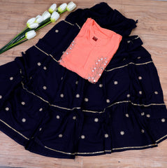 Peach Rayon embroidered with foil mirror Work Kurti Set