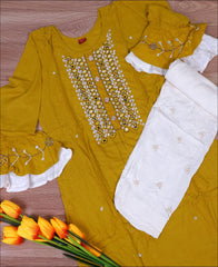 Zardosi hand work Yellow color Rayon Kurti Set