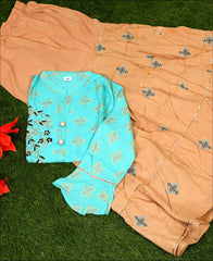 Firozi Coloured Cotton Block Print With Hand Work Kurti Set