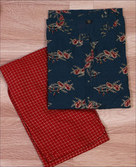 Bottle Green Coloured Cotton Block Print With Hand Work Kurti Set