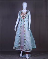 Chanderi cotton Turquoise Embroidery Kurti Set