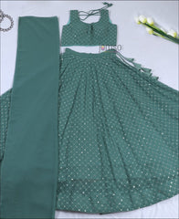 Teal Green Colored Georgette Party Wear Lehenga Choli