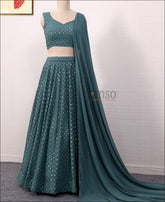 Teal Green Colored Georgette Party Wear Lehenga Choli
