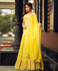 Yellow Georgette Mirror Embroidery Work Lehenga Choli
