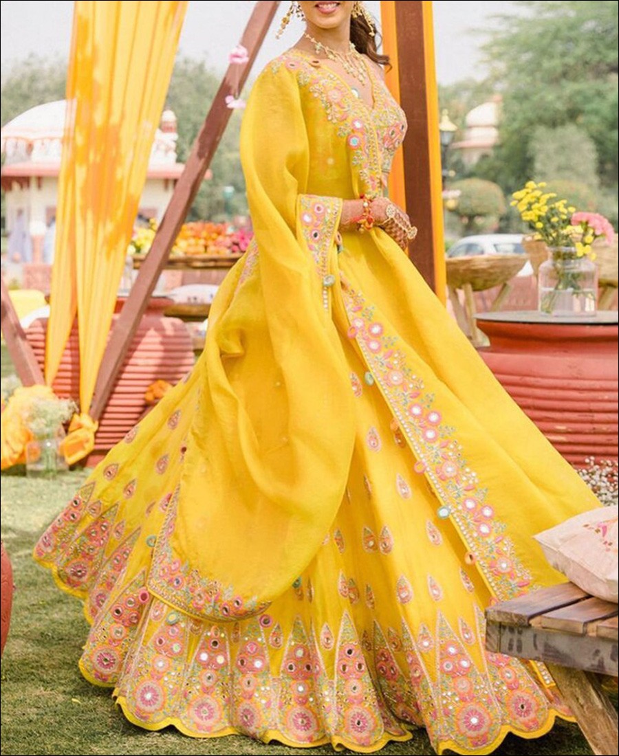 RE Yellow Georgette Mirror Embroidery Work Lehenga Choli