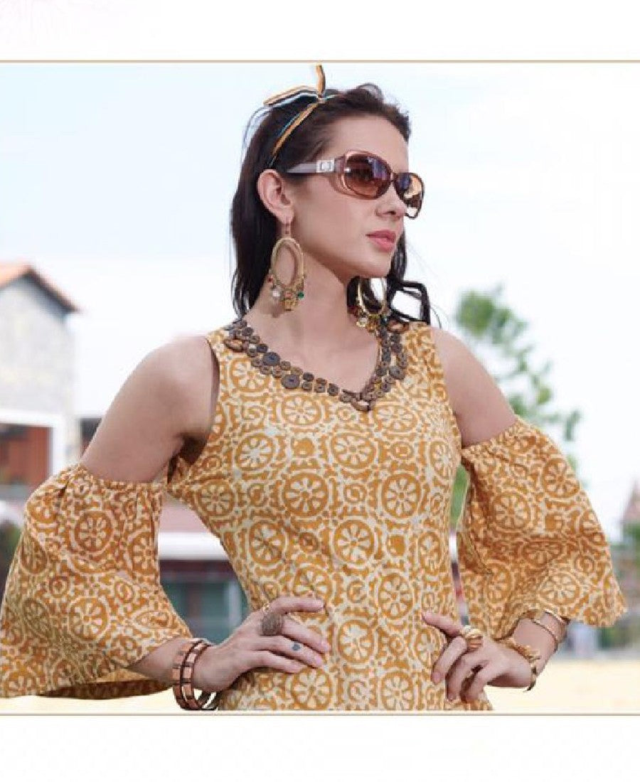 RE - entrancing yellow cotton printed stitched kurti