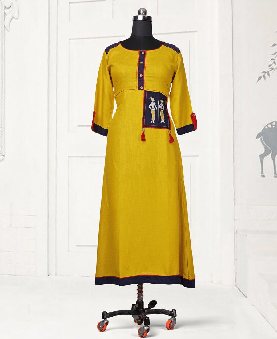 RE - Engaging Yellow slub rayon embellish stitch kurti