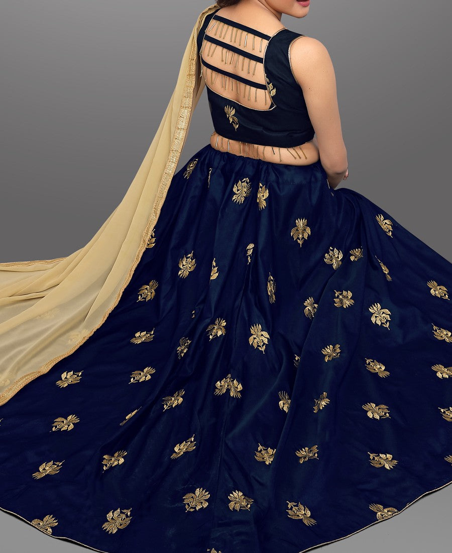 RE - Embroidered Dark blue taffeta silk lehenga choli