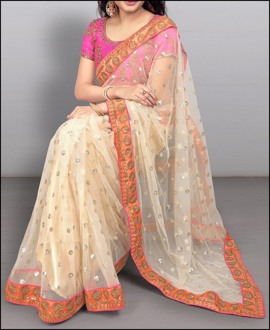 VF - Vani Beige Net Diamond Thread Work Saree